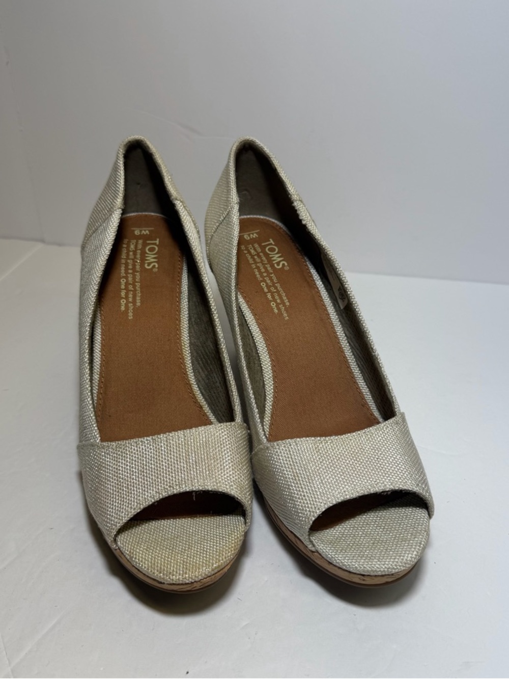 TOMS Women's Beige Canvas Peep-Toe Wedges 9